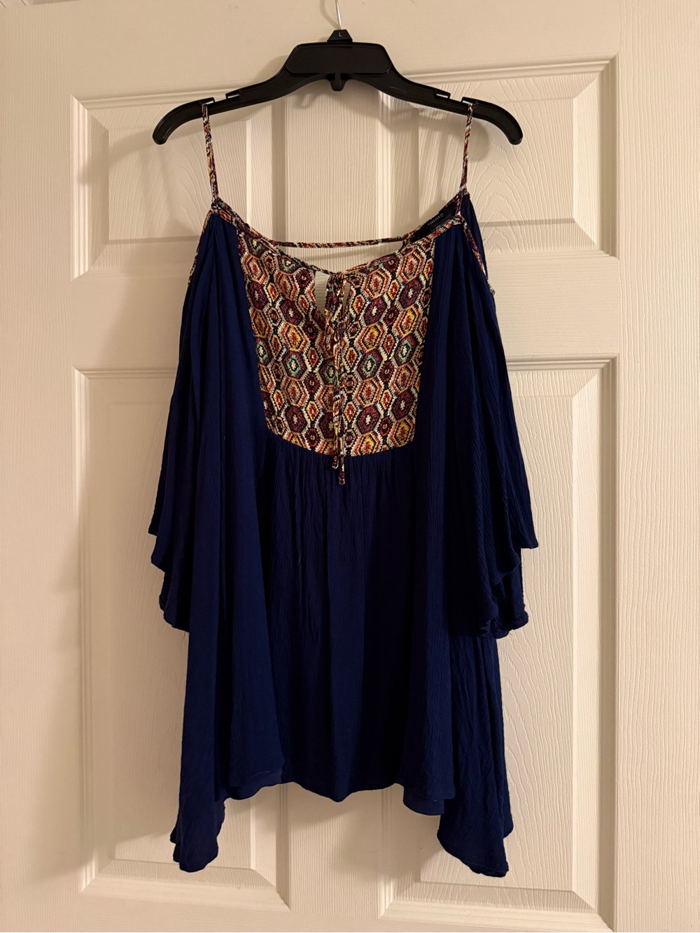 Boho Navy Cold-Shoulder Top with Embroidered Yoke